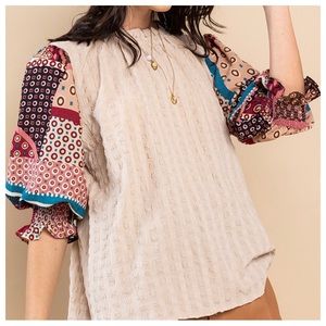 08 Boho Multi Fabric Ruffle Half Sleeve Blouse Top